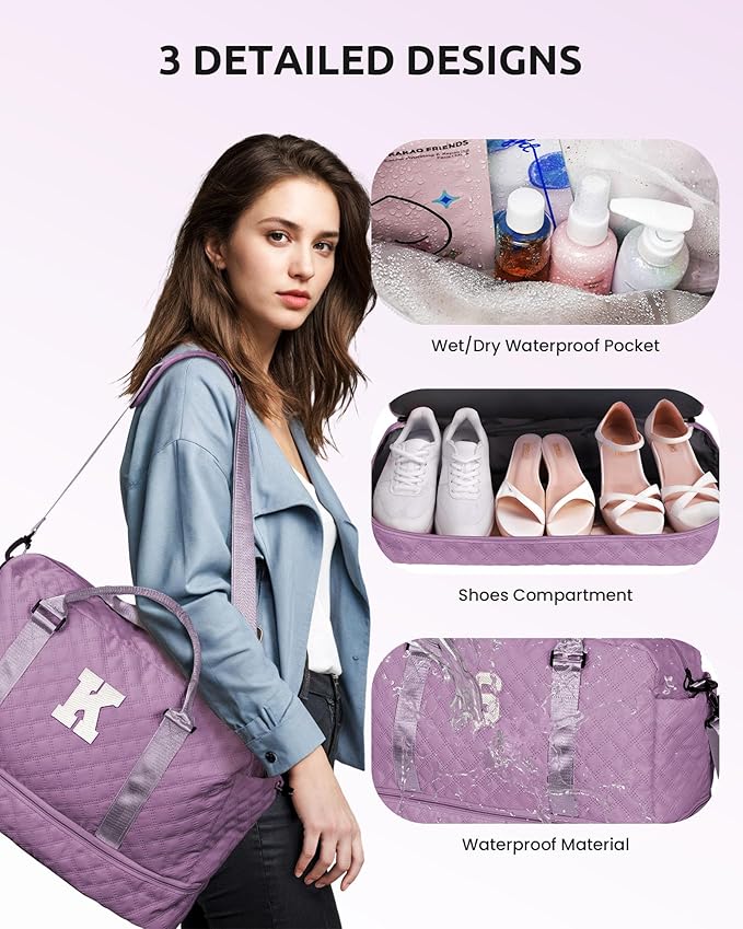 Gifts for Girls-Duffle Bag with Shoe Compartment, Personalized Weekender Bag, Overnight Bags for Women, Letter Travel Bag with Makeup Bag，Tween Girls Trendy Stuff Gift (Letter B)