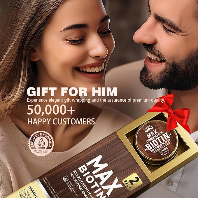 2 Pack Biotin Beard Balm Set for Men – Natural & Sandalwood Butters – Non-Itchy, Moisturize, Strengthen & Shape Beards – Grooming Gift Set for Father's Day, Anniversaries, Christmas