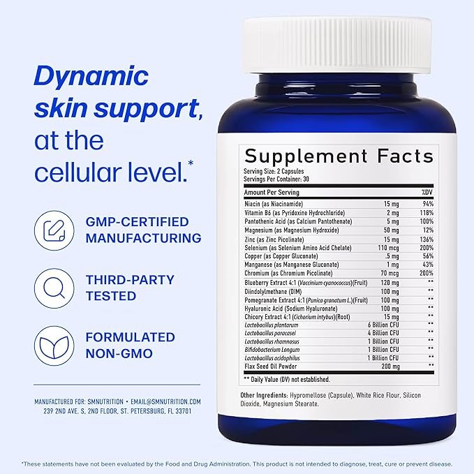 Clear Skin Supplement with Zinc, DIM & Probiotics | 3-in-1 Balance, Glow & Health Skin Support | Triple Action Hyaluronic Acid, Niaciminide & Vitamins for Hormone, Complexion & Gut Support | 120 Ct