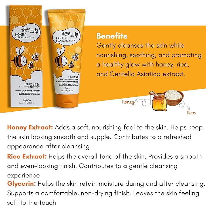 esfolio Honey Cleansing Foam – Hydrating Face Wash Dry & Sensitive Skin – Korean Skincare Cleanser Honey Deep Pore Cleansing, Moisturizing, Nourishing Facial Cleanser Smooth Skin (5.29oz -150g)