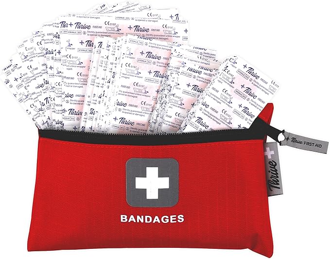 Thrive Bulk Fabric Adhesive Bandages Variety Pack - Portable Zipper Pouch for Travel & Car First Aid Kit - Waterproof & Latex-Free Bandages for Camping & Hiking First Aid Kit - 305 Piece Set, Red