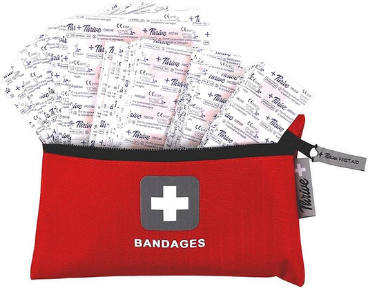 Thrive Bulk Fabric Adhesive Bandages Variety Pack - Portable Zipper Pouch for Travel & Car First Aid Kit - Waterproof & Latex-Free Bandages for Camping & Hiking First Aid Kit - 305 Piece Set, Red
