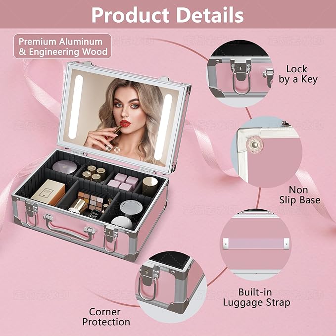 Travel Makeup Case with LED Mirror - Hard Shell Pink Travel Makeup Bag with Mirror - Portable Makeup Organizer with Mirror, Vanity Case for Cosmetics, Adjustable Divider