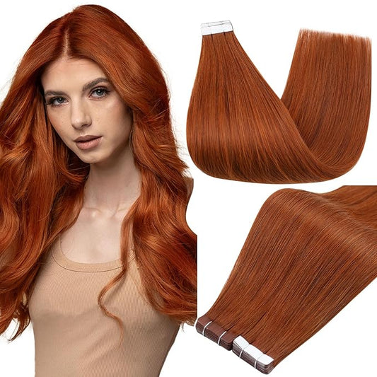 Full Shine Tape Extensions Human Hair Remy Tape in Extensions Color 550 Orange Red Adhesive Seamless Skin Weft Long Extension Add Length 18Inch 50Gram Natural Brazilian for Women 20Pcs