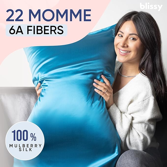Blissy Silk Pillowcase - 100% Pure Mulberry Silk - 22 Momme 6A High-Grade Fibers - Silk Pillow Cover for Hair & Skin - Regular, Queen & King (Aqua, Queen)