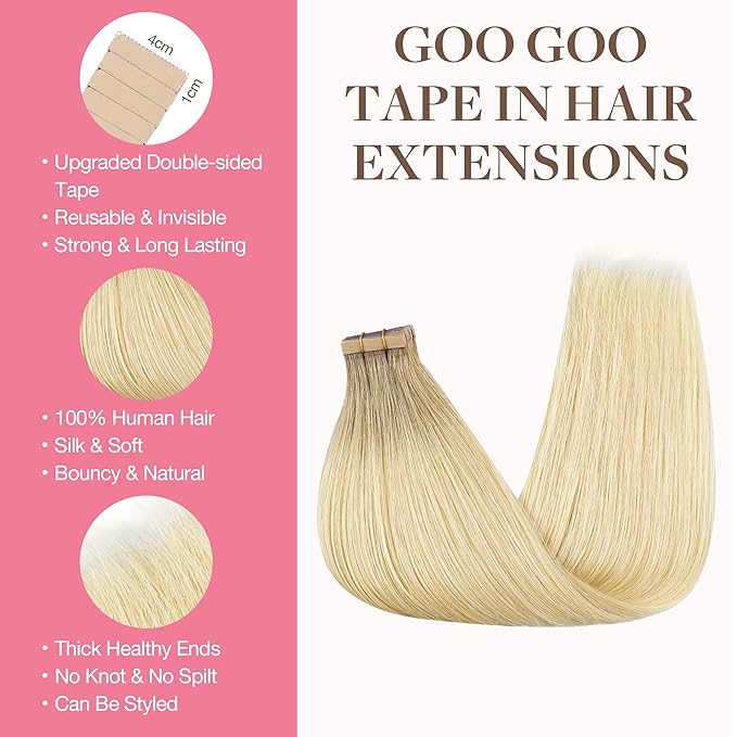 GOO GOO Tape in Hair Extensions Human Hair, R7/60F Rooted Ash Blonde with Frosted Highlights, 14inch 50g 20pcs, Skin Weft Seamless Invisible, Silky Straight with Thick Ends, Remy Human Hair