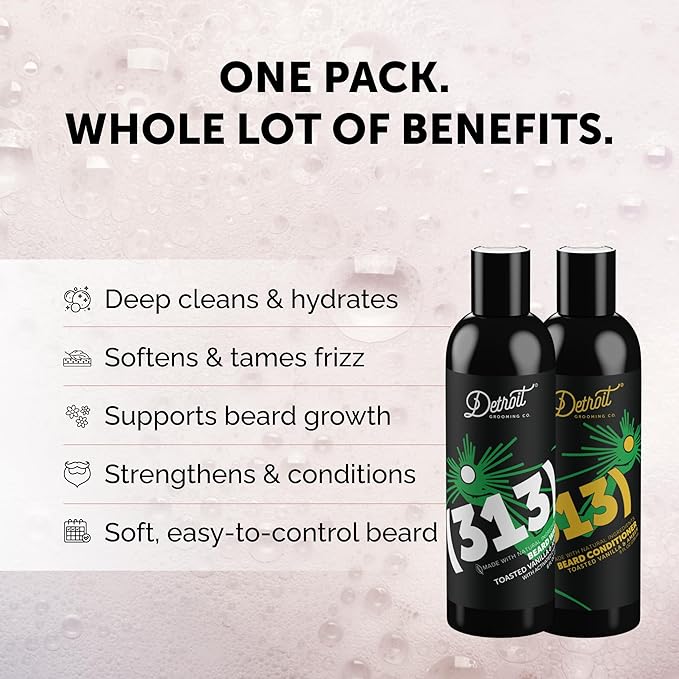 Detroit Grooming Co. Beard Wash and Beard Conditioner - Men's Kit - Softens, Strengthens, Moisturize, Infused w/Argan Oil, Apple Extract, & Aloe Vera - Toasted Vanilla Amber Scent - 313-8oz