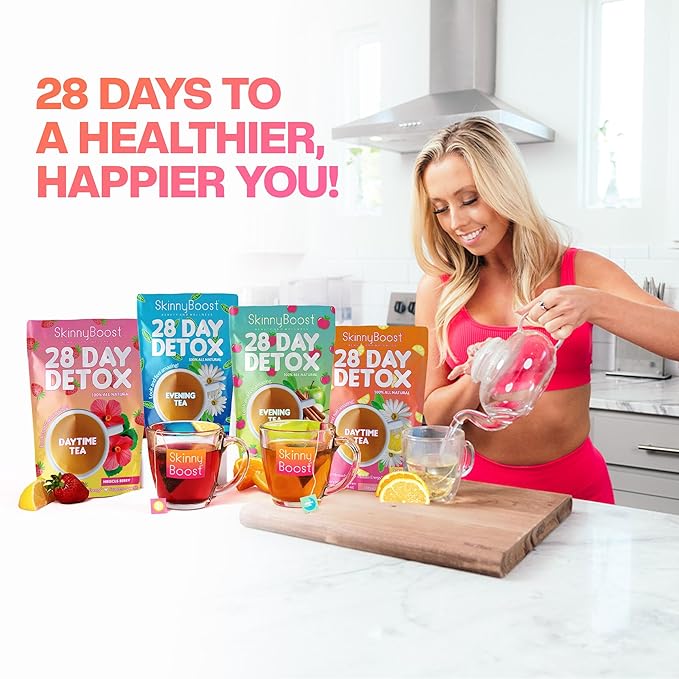 Skinny Boost Detox Tea Kit-Slimming Tea for Weight, Metabolism, Energy, Bloating & Colon Cleanse – Green Tea, Herbal, Vegan, Keto, Non-GMO, Sugar-Free-2 PACK –1 Daytime (28 Bags) + 1 Evening -(14 Bags)