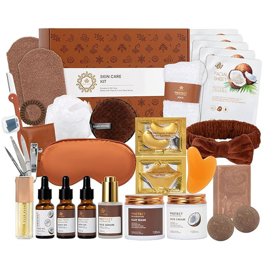 Valentines Day Gifts for Women, Coconut 32 Pcs Facial Skin Care Kit, Home Spa & Self-Care Gifts, Bath and Body, Lip Oil, Face Sheet Mask, Serum, Birthday, Mother Day, Christmas,All Occasion Present