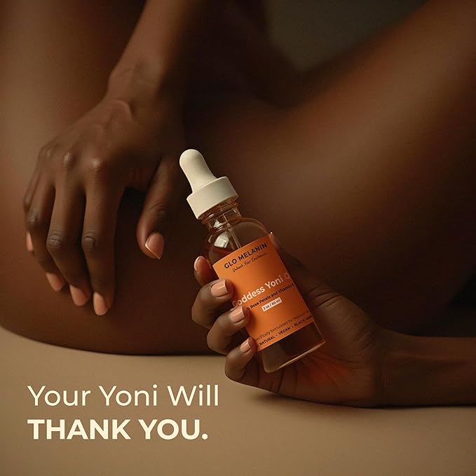 Glo Melanin Yoni Oil Wash for Women pH Balance and Wetness, Vaginal or Feminine Oil for Ingrown Hair with Rose Petals, Almond, Vitamin E Jojoba Oils Herbal Blend for Yoni Care (2 oz / 60ml)