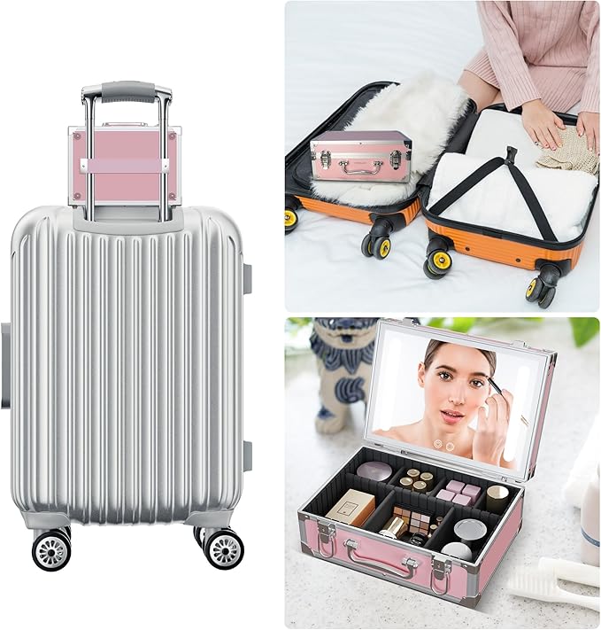 Travel Makeup Case with LED Mirror - Hard Shell Pink Travel Makeup Bag with Mirror - Portable Makeup Organizer with Mirror, Vanity Case for Cosmetics, Adjustable Divider