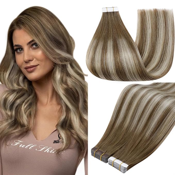 Full Shine Ombre Tape in Hair Extensions Human Hair 12Inch Seamless Tape in Extensions 6/60/6 Brown Ombre to Blonde Highlighted Light Blonde Double Sided Hair Extensions Remy Hair 30G 20pcs Natural