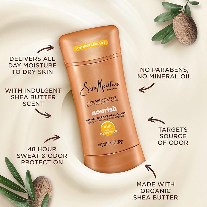 SheaMoisture Antiperspirant Deodorant Stick Moisturizing Raw Shea Butter & Hyaluronic Acid 2 Count for 48HR Sweat & Odor Protection with No Parabens & No Mineral Oil 2.6 oz