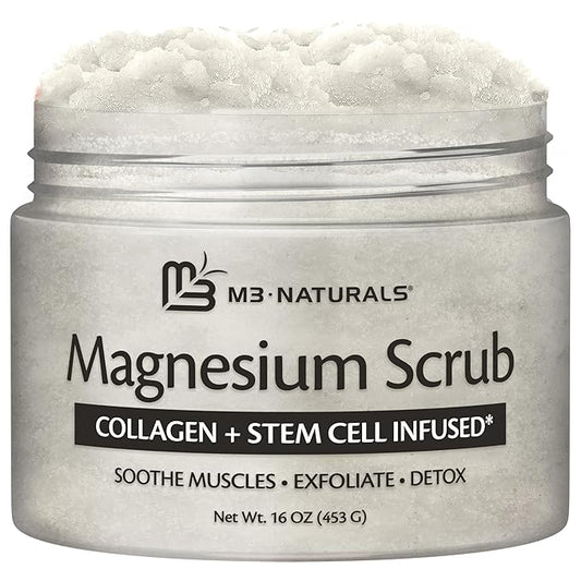 Magnesium Body Scrub for Sore Muscles, Exfoliation & Relaxation | Calming & Moisturizing Mineral-Rich Dead Sea Salt with Collagen, Stem Cell & Shea Butter, for Body, Hands & Feet, 16oz by M3 Naturals