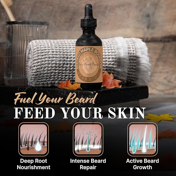 Tuscan Cooper's Baby Faced Beards Oil for Men - Hydrating, Nourishing, Natural Beard Softener and Conditioner for All Hair Types. Coconut, Jojoba, and Sweet Almond Moisture - Smoked Maple Bourbon