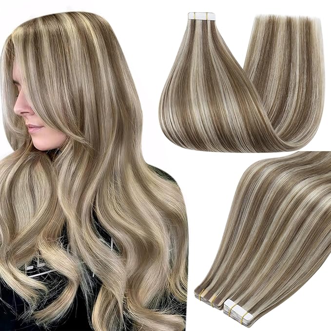 Full Shine Tape ins Human Hair Extensions Color 8 Ash Brown Highlight 60 Beige Blonde Invisible Tape in Hair Extensions Human Hair 18Inch 100G 40Pcs for Everyday Glam
