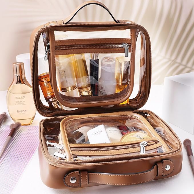 SANHECUN traveling toiletry Case large clear cosmetics case makeup bag (Brown, Small)