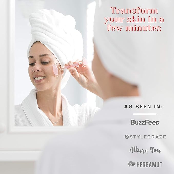 WITTY Rose Quartz Roller for Face, Gua Sha Stone Set in Hand-Drawn Giftbox - Jade Face Roller, Massager Roller, Face Scraper Tool - Guasha Tool for Face Roller Skin Care, Eyes, Neck - Extra Pouch