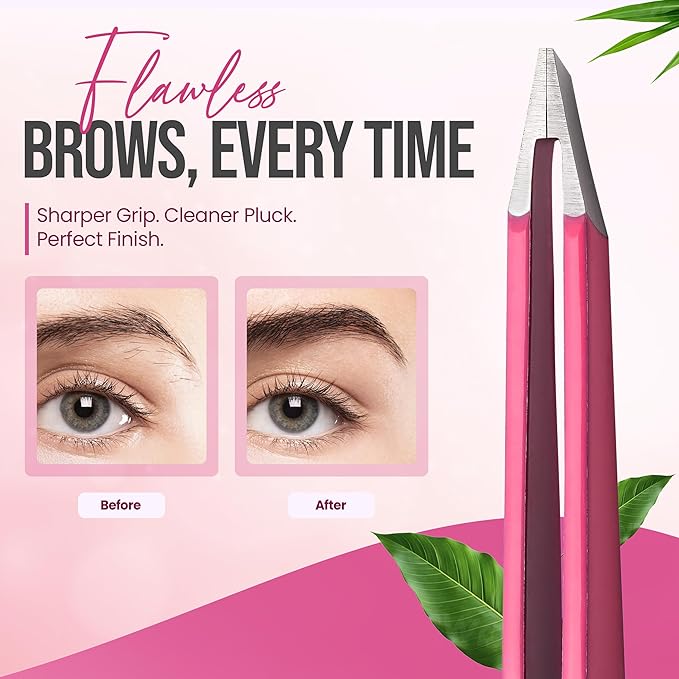 Stainless Steel Mini Slant Tweezer - Professional Precision Eyebrow Tweezers for Women & Men, Rust-Proof Travel Grooming Tool for Facial Hair Removal, Chin Hair & Ingrowns (Neon Pink)