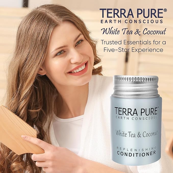 Travel Size Hotel Conditioner 100 Count 1oz Bottles Guest Amenities for Hotels Vacation Rentals & Short Term Rentals Paraben Free White Tea and Coconut Scent Infused with Aloe & Olive Oil | Terra Pure