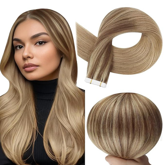Full Shine Hair Extensions Tape in Color 10/16/16 Balayage Ombre Tape in Hair Extensions for Women Straight Seamless Skin Weft 22Inch Remy Human 50Gram 20Pcs Brazilian Soft