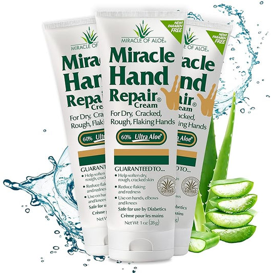 Miracle Hand Repair Cream for Dry Cracked Hands 1 oz Best Healing Hand Cream with 60% Aloe Vera - Non-Greasy Moisturizer for Working Hands - Fast Absorbing Lotion for Extremely Dry Skin (3-Pack)