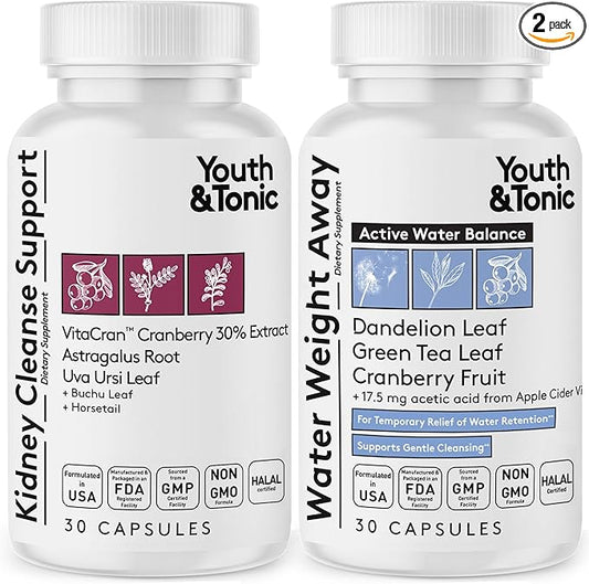 Youth & Tonic Gentle Body Cleanse & Detox – Clean Reset with Natural Flush & Diuretic Balance – 2PK: Kidney Cleanse Support + Water Weight Away, 60 Pills
