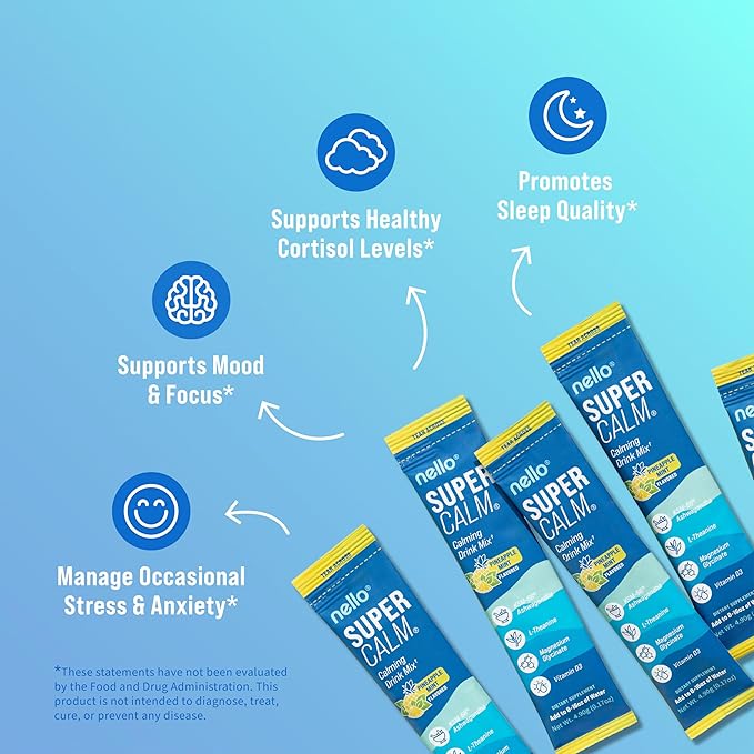 Nello Supercalm Powdered Drink Mix, Cortisol Reducer* and Sleep Aid Supplement, L Theanine, Ksm-66 Ashwagandha, Magnesium Glycinate, Vitamin D 3, No Sugar, Non GMO, On The Go, 20 Ct, Pineapple Mint