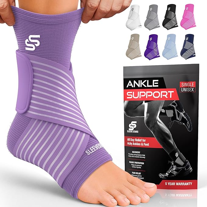 Sleeve Stars Ankle Brace for Women & Men, Ankle Wrap for Sprained Ankle, Compression Sleeve for Plantar Fasciitis Relief, Easy Customizable Support: w/Removable Strap (Single/M:10"-12"/Light Purple)