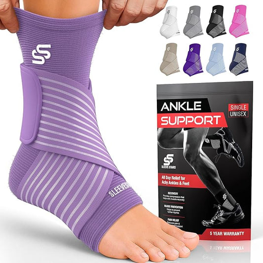 Sleeve Stars Ankle Brace for Women & Men, Ankle Wrap for Sprained Ankle, Compression Sleeve for Plantar Fasciitis Relief, Easy Customizable Support: w/Removable Strap (Single/M:10"-12"/Light Purple)