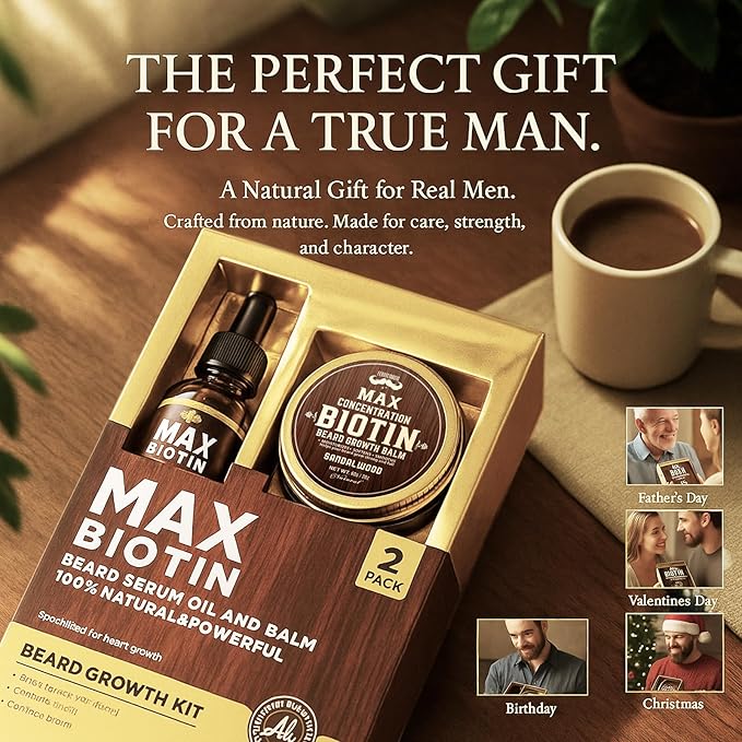 4X Concentration Biotin Beard Kit for Men – Unscented Oil & Sandalwood Balm Set (2 Pack) – Moisturizes, Softens & Promotes Growth – Premium Beard Grooming Gift for Father’s Day or Him