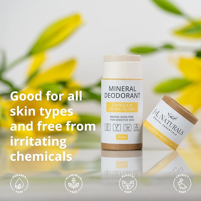 J&L Naturals Mineral Deodorant | Baking Soda-Free, 100% Natural, Sustainable | Sensitive Deodorant For Women & Men | Aluminum Free, Vegan, Cruelty-Free (Vanilla & Ylang Ylang, 3 Oz (Pack of 1))