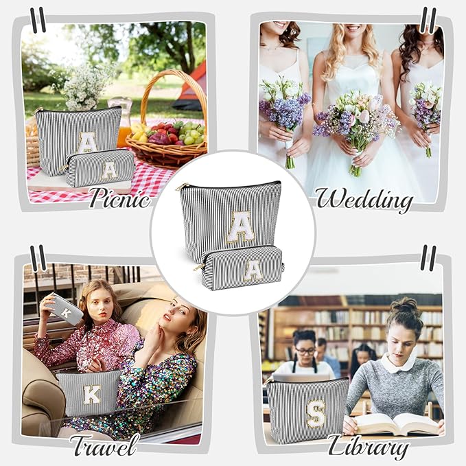 YOOLIFE Initial Personalized Preppy Makeup Bag - Monogrammed Birthday Gift for Women & Girls - Mother's Day Gift - Black