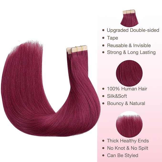 GOO GOO Tape in Hair Extensions Human Hair, Burgundy Red, 14inch 25g 10pcs, Colored Tape ins Human Hair Extensions, Silky&Soft Invisible Tape Ins, Hair Highlighted for Party