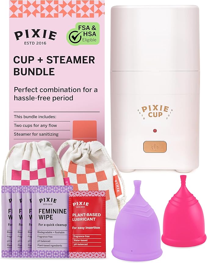 Pixie Menstrual Cups with Sterilizer - The Most Comfortable Soft Reusable Period Cup - Kills 99.9% of Germs with Clean Steam - Wash Your Cup in 3 Minutes! - Compact Sanitizer Kit for Feminine Care