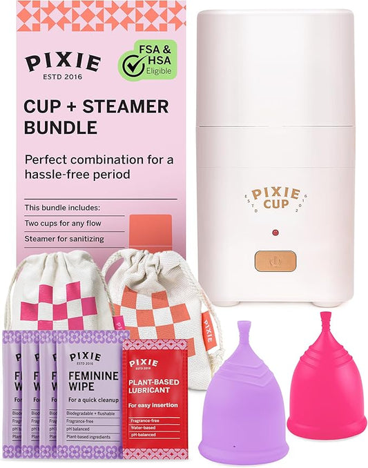 Pixie Menstrual Cups with Sterilizer - The Most Comfortable Soft Reusable Period Cup - Kills 99.9% of Germs with Clean Steam - Wash Your Cup in 3 Minutes! - Compact Sanitizer Kit for Feminine Care
