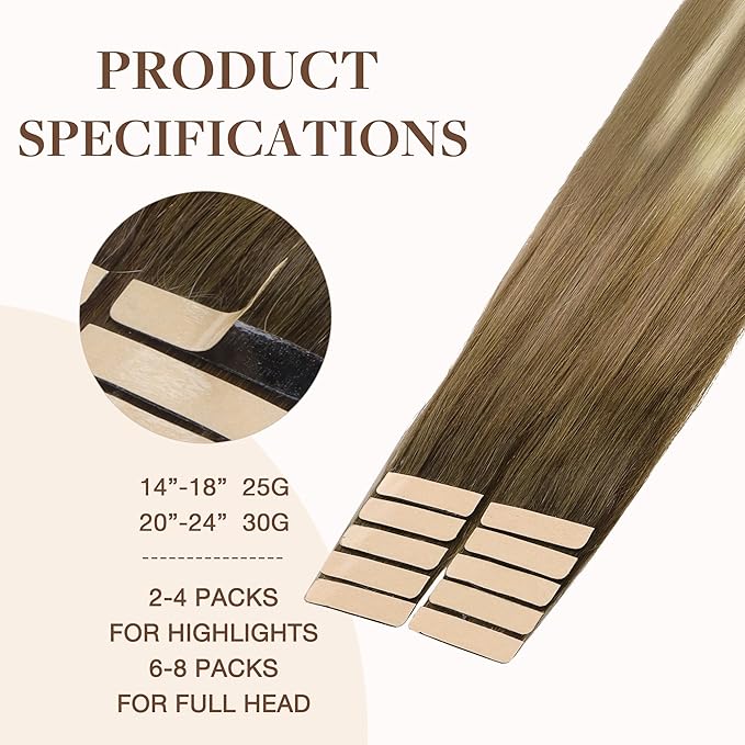 GOO GOO Tape in Hair Extensions Human Hair, 3/8/613 Balayage Walnut Brown to Ash Brown and Bleach Blonde, 16inch 25g 10pcs, Skin Weft Seamless Invisible, Silky Straight with Thick Ends