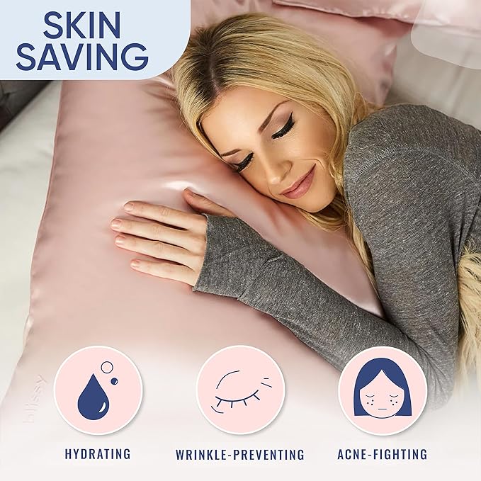 Blissy Silk Pillowcase - 100% Pure Mulberry Silk - 22 Momme 6A High-Grade Fibers - Silk Pillow Cover for Hair & Skin - Regular, Queen & King (Pink, Queen)