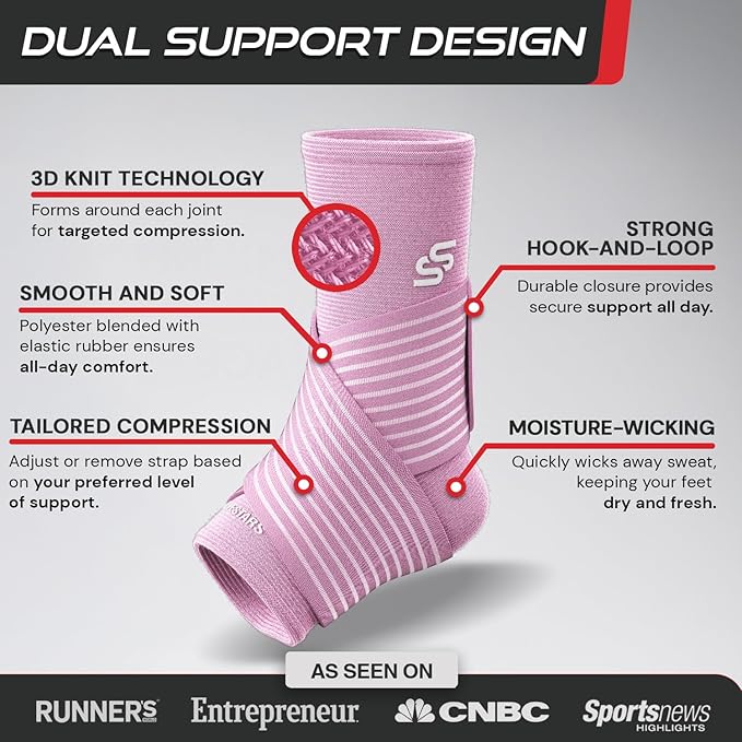 Sleeve Stars Ankle Brace for Women & Men, Ankle Wrap for Sprained Ankle, Compression Sleeve for Plantar Fasciitis Relief, Easy Customizable Support: w/ Removable Strap (Single/M:10"-12"/Baby Pink)
