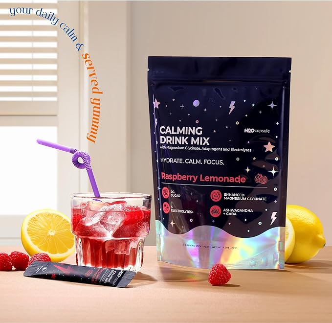 Calm Magnesium Glycinate Powdered Drink Mix with Electrolytes – Sugar Free with Ashwagandha, L-Theanine, Vitamin B 6&GABA – Cortisol Support, Stress Relief, Hydration & Focus - 20 servings (Raspberry)