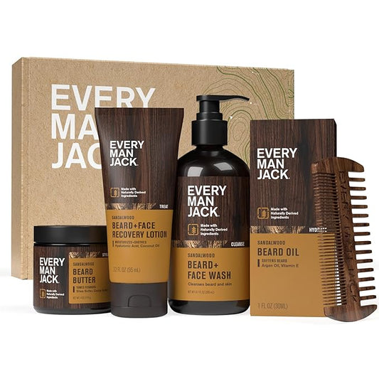 Every Man Jack Beard Essentials Gift Set for Men – Complete Routine with 5 Full-Size Essentials – Sandalwood Scent - Beard & Face Wash, Lotion, Oil, Butter & Comb