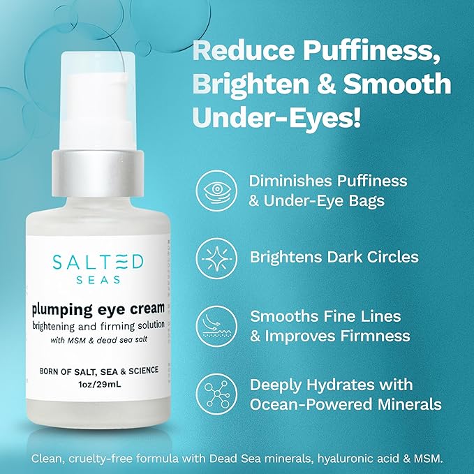 Plumping Eye Cream – Made in USA - Hydrating, Firming, Brightening Under Eye Treatment for Dark Circles, Puffiness & Fine Lines – Anti-Aging Skincare with Ocean Minerals & Hyaluronic Acid