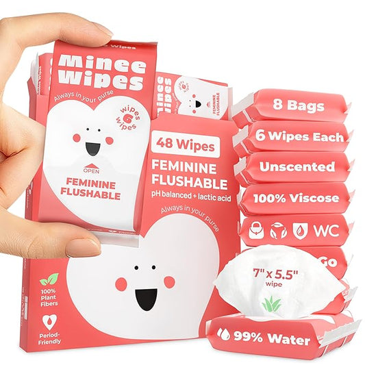 Impossibly Compact Travel Feminine Wipes - 99% Water and Aloe - pH Balanced, Period-Friendly & Ultra Soft - Travel Essentials for Women & Teens - Unscented - 8 Pack Total 48 Wipes