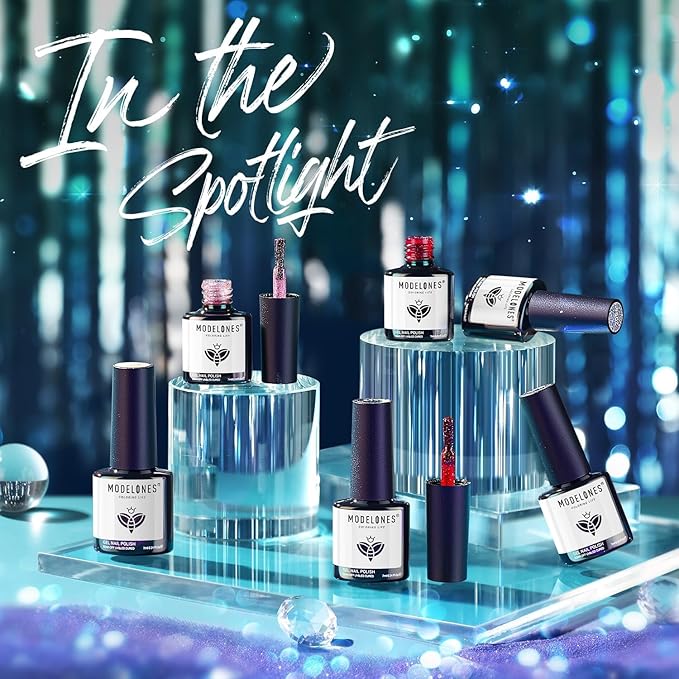 modelones Glitter Gel Nail Polish Set, 6 Colors Fall Winter Dark Red Pink Silver Gold Black Gel Polish Kit Shimmer Sparkle Reflective LED Soak Off Manicure Art Kit Home DIY Salon Gift for Women