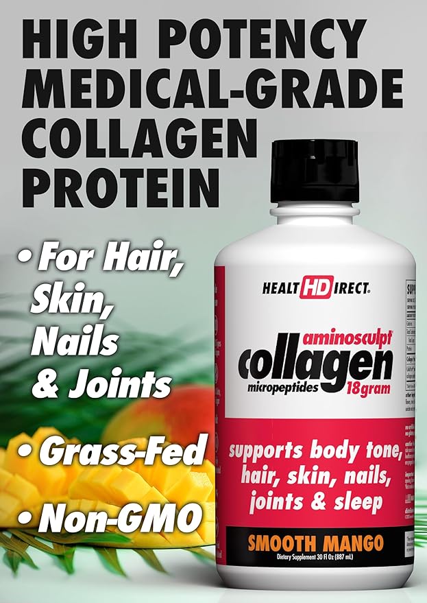 HEALTH DIRECT AminoSculpt Sugar-Free Collagen Supplement - High Potency Medical-Grade Protein for Hair, Skin, Nails & Joints, Grass-Fed, Non-GMO, Liquid Collagen - Smooth Mango - 30 Fl Oz