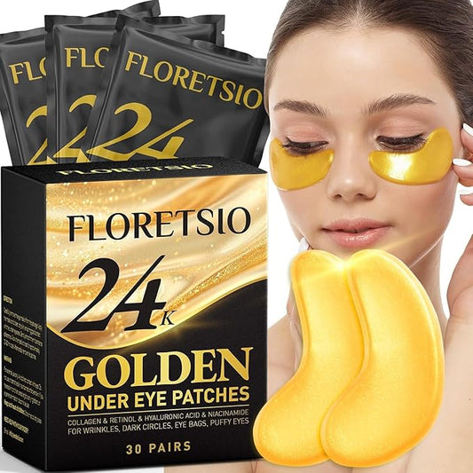 Under Eye Patches for Dark Circles - 24K Gold Collagen Cooling Gel Eye Mask with Retinol & Hyaluronic Acid, Reduces Puffy Eyes & Fine Lines Delays Aging Treatment Women/Men(30 Pairs)