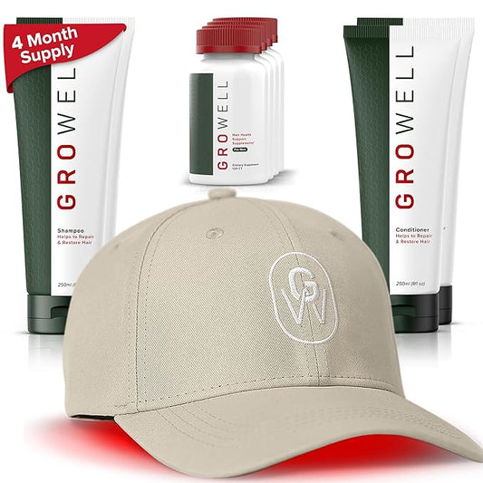 Apira Science Ultimate Hair Regrowth System for Men – GroWell FDA‑Cleared Red Light Therapy Laser Cap with 4‑Month Growth Kit Including Shampoo, Conditioner & Supplements for Denser, Fuller Hair