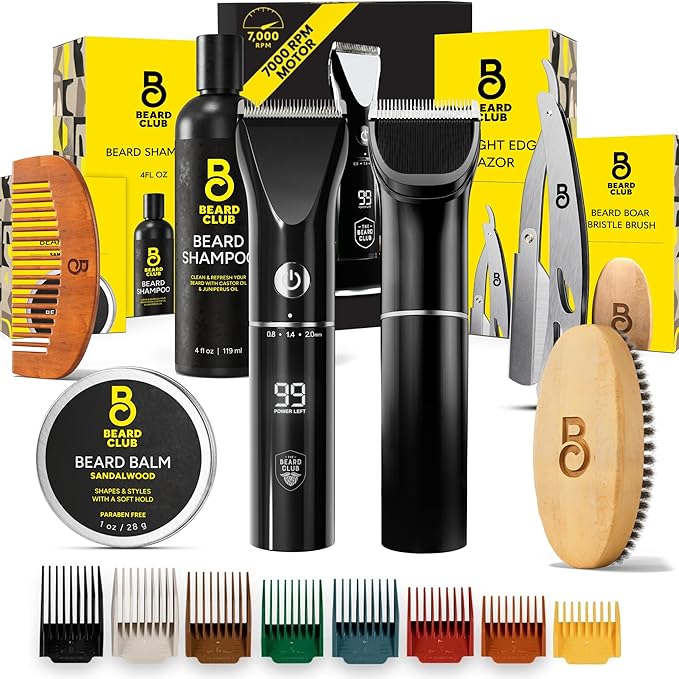 Beard Club Mens Grooming Kit & Beard Trimmer for Men - Professional Cordless Electric Hair & Moustache Trimmer, Straight Razor, Shampoo, Balm, Brush & Comb - Grooming Kit Gift Set