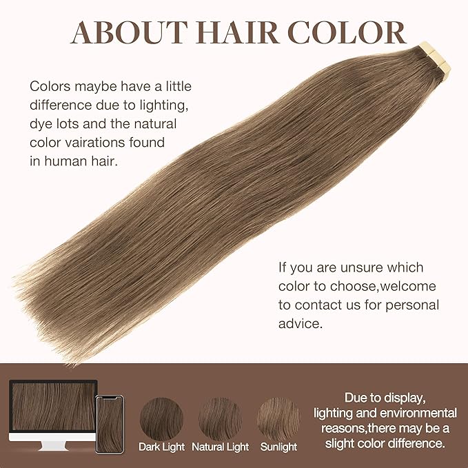 GOO GOO Tape in Hair Extensions Human Hair, 5 Light Ash Brown, 18inch 25g 10pcs, Skin Weft Seamless Invisible, Silky Straight with Thick Ends, Remy Human Hair