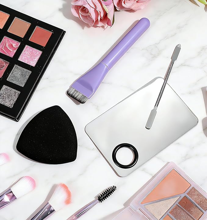 4Pcs Makeup Mixing Palette, Mixing Medium Makeup Foundation Spatula and Palette Foundation Brush Plate Spatula Puff, Perfect for Mixings Mediums, Ideal for Women & Girls, Stainless Steel Easy to Clean